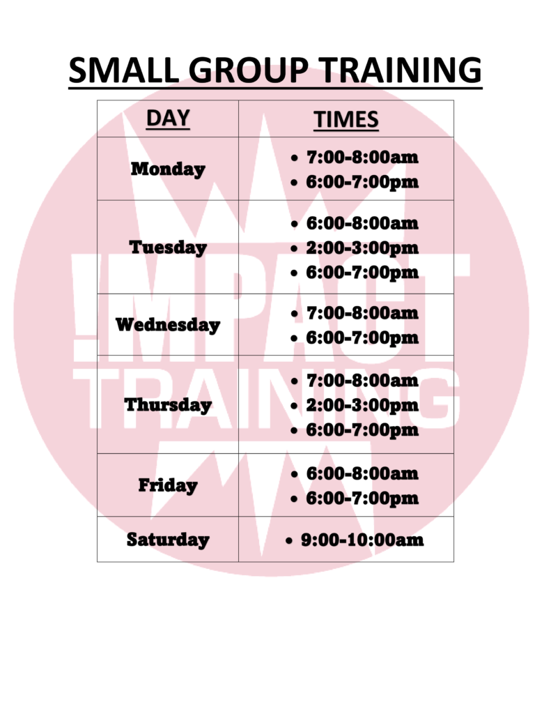 Small Group Training schedule